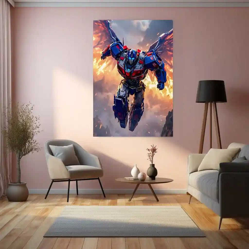 Transformers Rise of Cybertron Poster – Optimus Prime Flying Battle Art | Epic Mecha Metal Frame - TURTLEWINGS