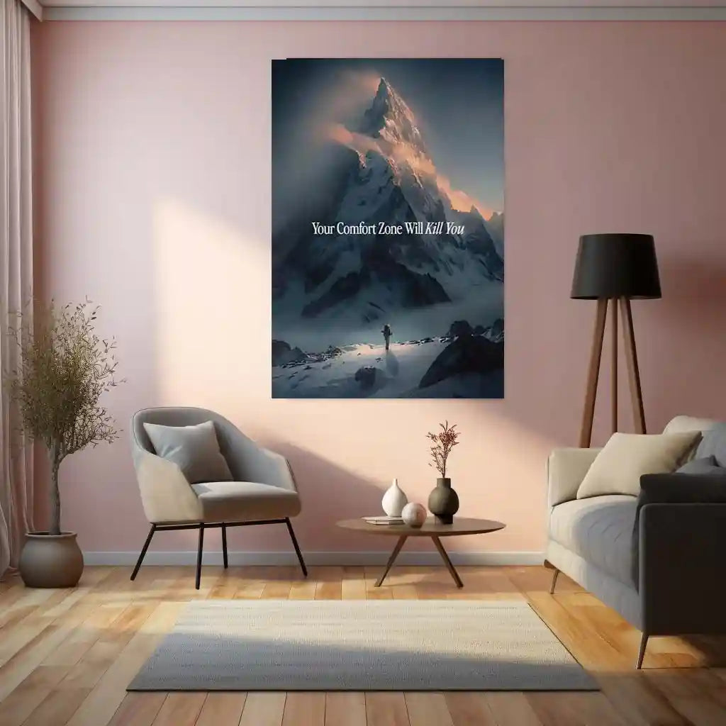 Quote Metal Poster | Your Comfort Zone Will Kill You – Mountain Ascent Metal Frame Growth, Discipline & Relentless Progress Wall Art | High-Impact Motivation Metal Poster - TURTLEWINGS