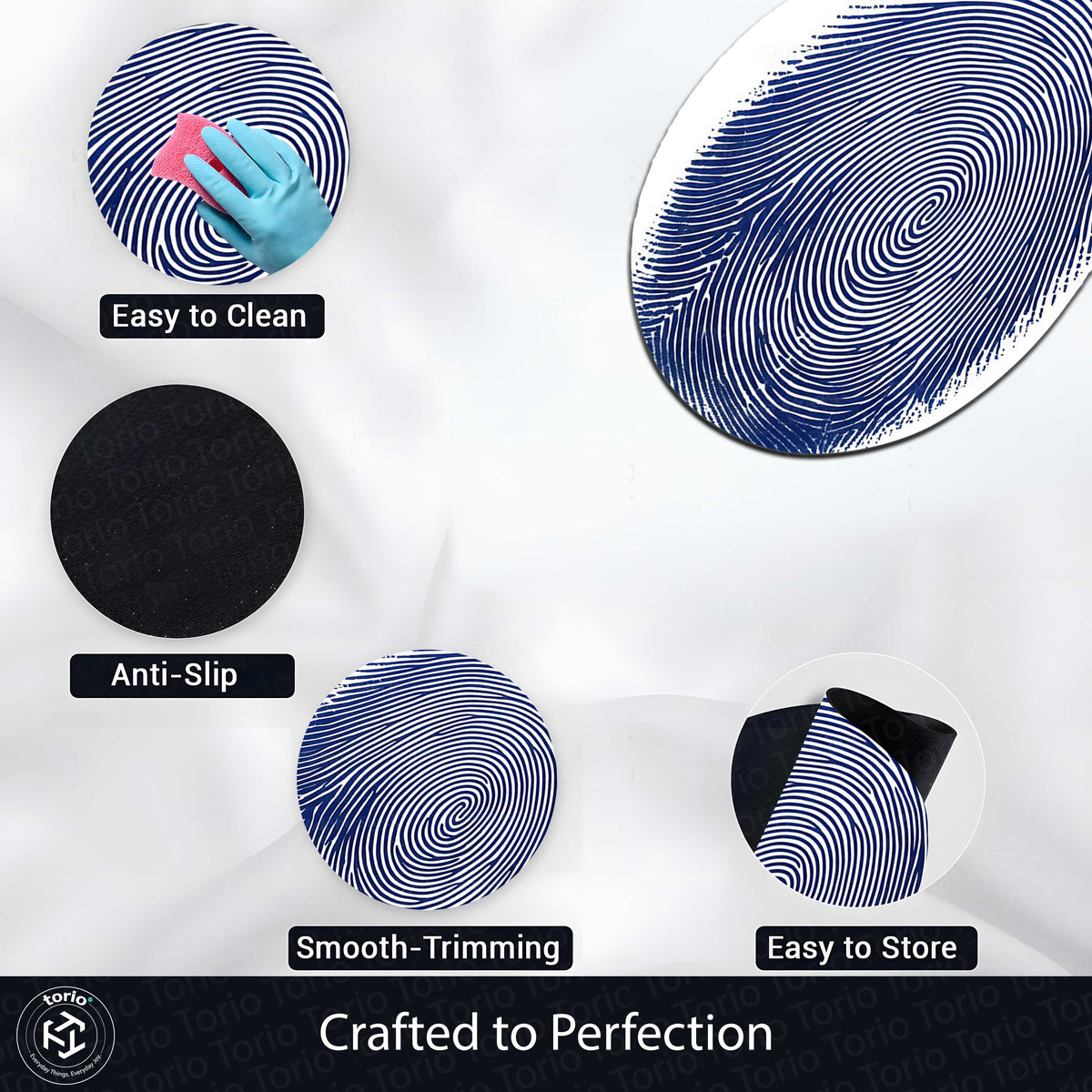 Blue Fingerprint Shape Flat Rug | Minimal Abstract Oval Area Flat Rug | Modern Biometric Line Art Flat Rug for Living Room, Bedroom & Office