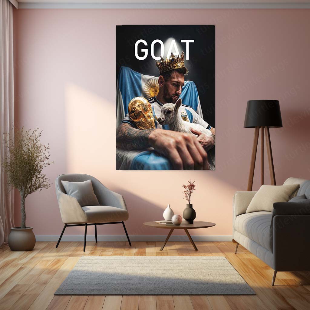 Messi GOAT Crown Metal Poster | World Champion Football Legend Wall Art | Premium Sports Metal Print