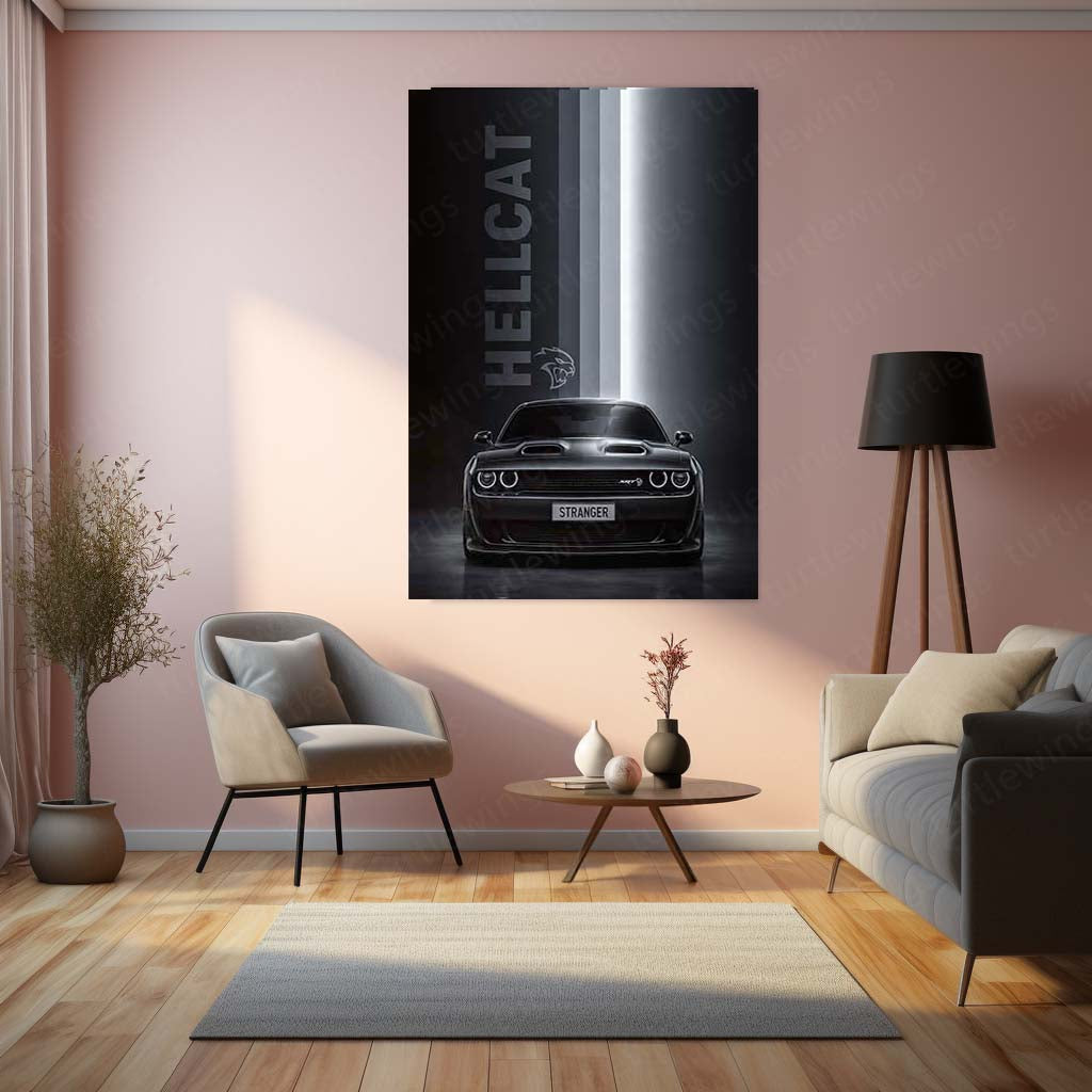 Car Metal Poster | Dodge Challenger Hellcat Shadow Edition Metal Poster | Black Muscle Car Wall Art | Premium Automotive Metal Print