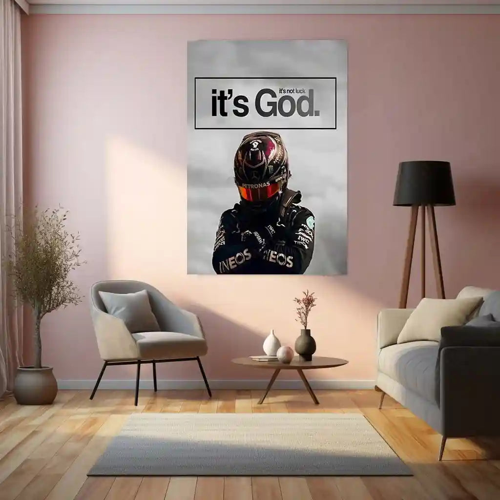 Quote Metal Poster | Lewis Hamilton – It’s Not Luck, It’s God Metal Frame Faith-Driven Champion Mindset Wall Art | Formula 1 Belief & Purpose Quote Metal Poster - TURTLEWINGS