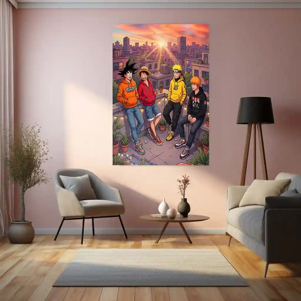 Anime Friends Rooftop Metal Poster | Luffy Naruto Goku Ichigo Chill Scene Wall Art | Anime Aesthetic City Sunset Frame - TURTLEWINGS