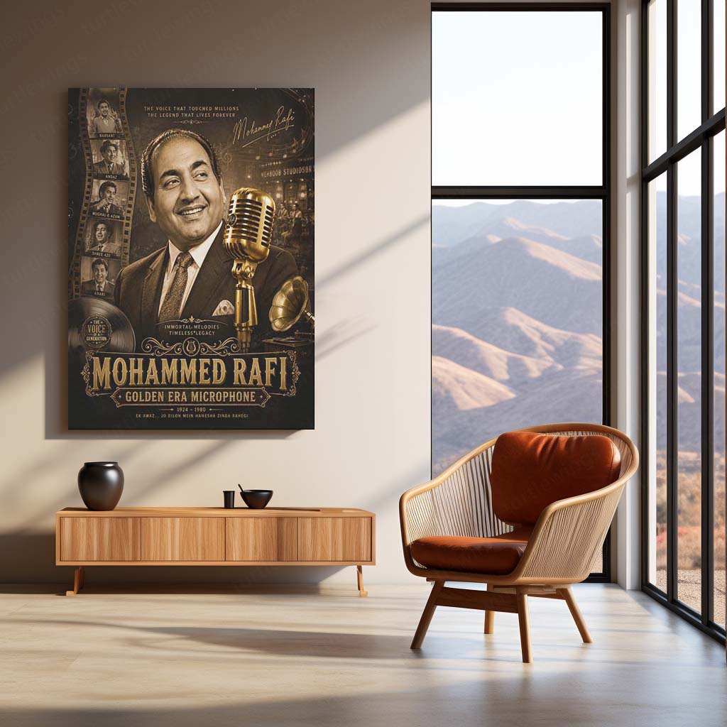Mohammed Rafi – Golden Era Microphone | Vintage Bollywood Music Metal Frame | Timeless Melody Wall Art by TurtleWings