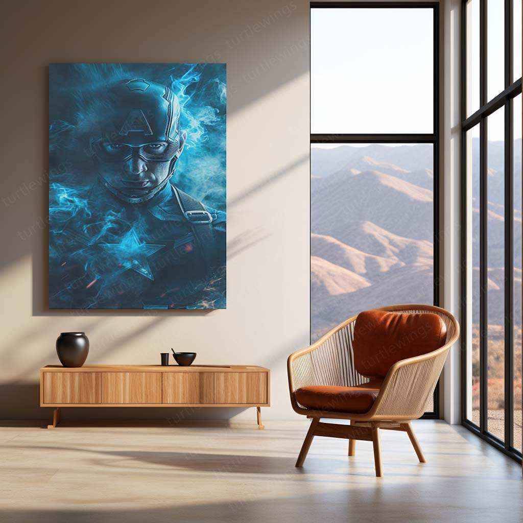 Captain America – Blue Smoke Effects with Cosmic Background Metal Poster by Mundex - TURTLEWINGS