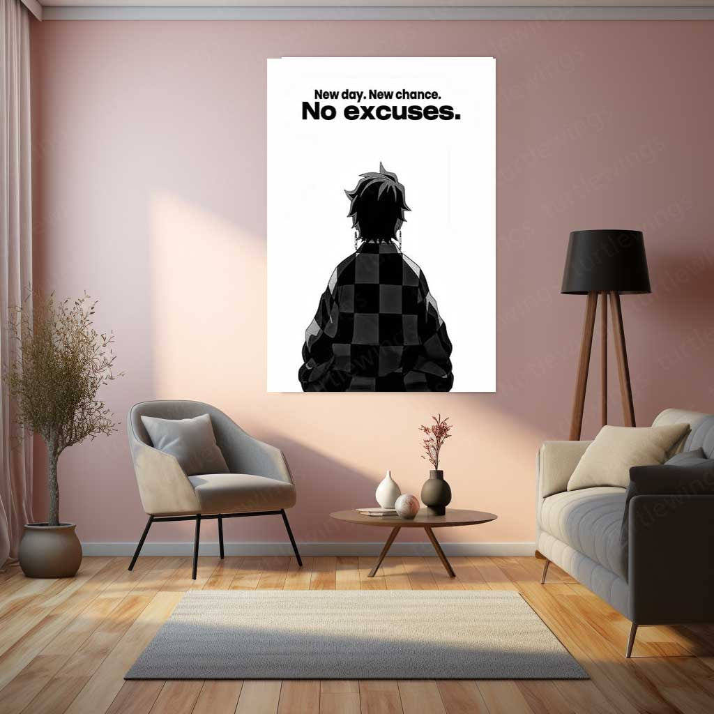 Anime Metal Poster | Tanjiro – No Excuses Metal Poster Anime Motivation Wall Art | New Day Mindset Metal Frame