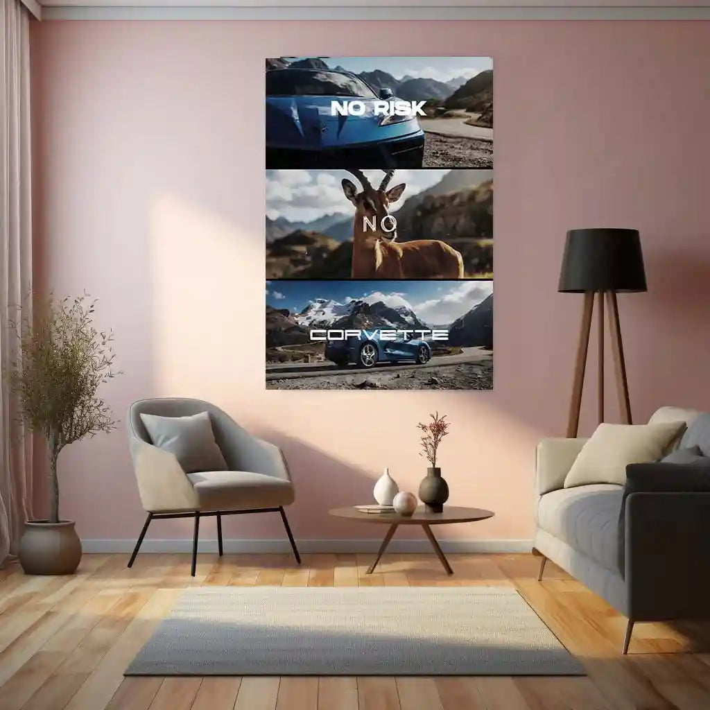 Quote Metal Poster | No Risk, No Corvette Metal Frame American Muscle Ambition Wall Art | Power, Freedom & High-Stakes Mindset Quote Metal Poster - TURTLEWINGS