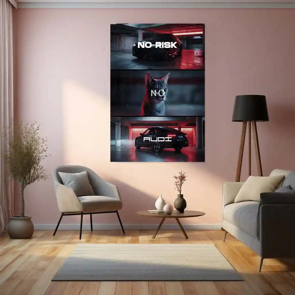 Quote Metal Poster | No Risk, No Audi Metal Frame Precision Performance & German Engineering Mindset Wall Art | Bold Decisions Luxury Car Quote Metal Poster - TURTLEWINGS