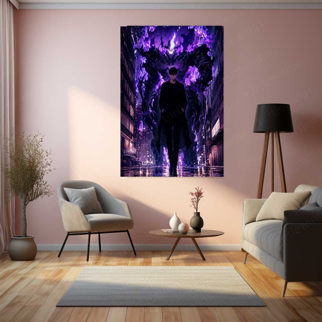 Anime Metal Poster | Sung Jin-Woo – Shadow Monarch Metal Poster Solo Leveling Inspired Wall Art | Dark Power Anime Metal Frame 01