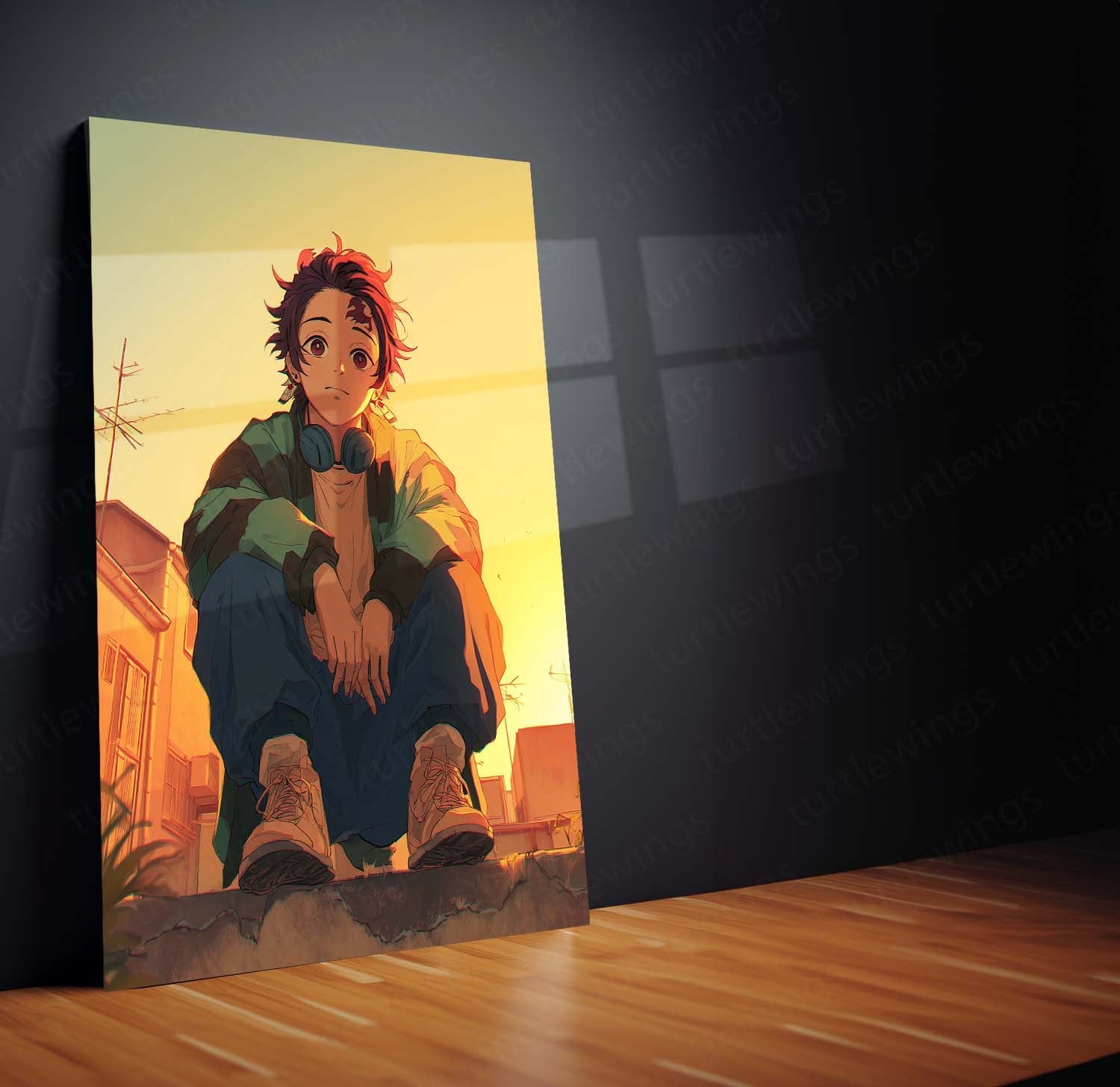 Tanjiro Kamado Metal Frame – Rooftop Golden Hour Scene | Peaceful Demon Slayer Poster | Anime Wall Art for Kimetsu no Yaiba Fans - TURTLEWINGS