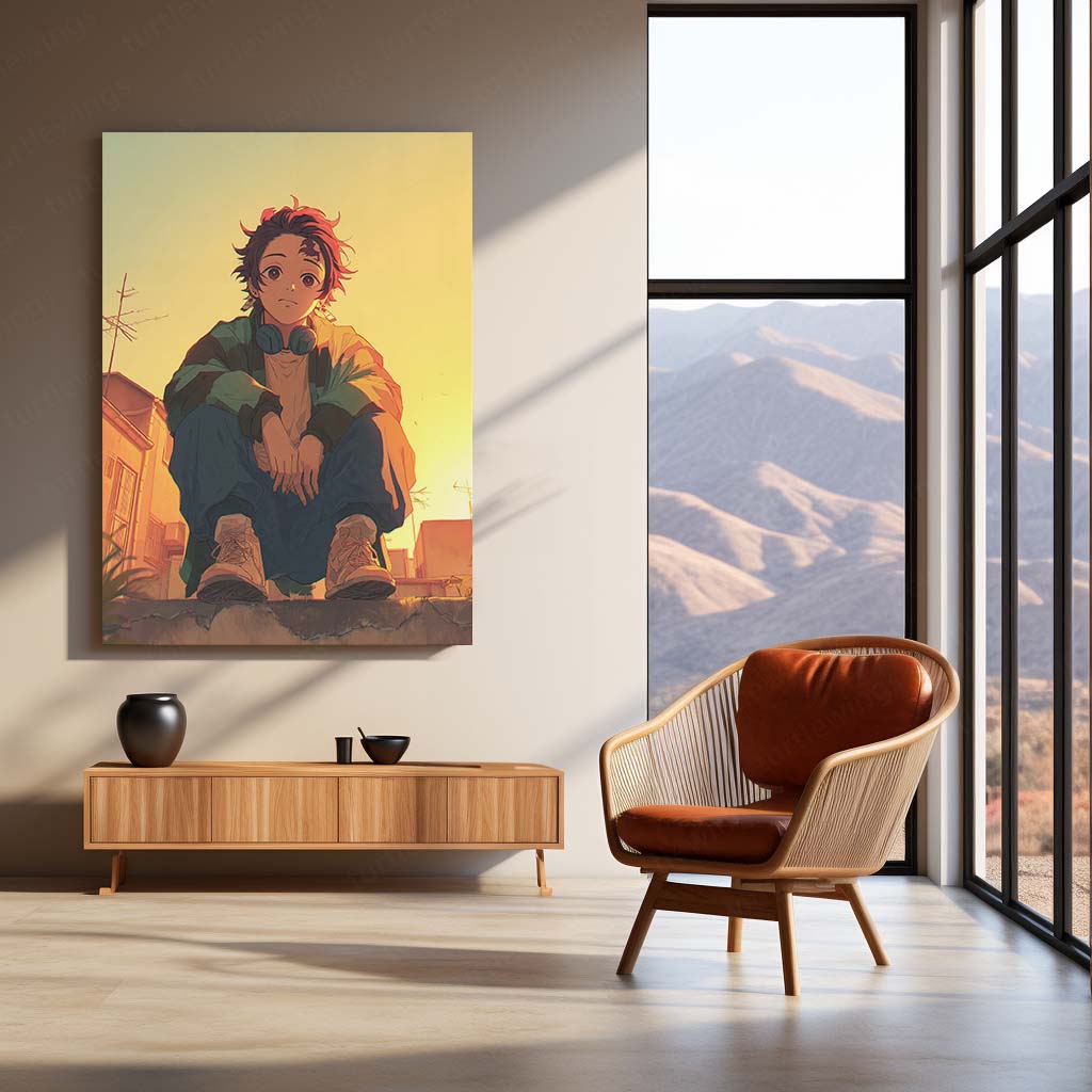 Tanjiro Kamado Metal Frame – Rooftop Golden Hour Scene | Peaceful Demon Slayer Poster | Anime Wall Art for Kimetsu no Yaiba Fans - TURTLEWINGS