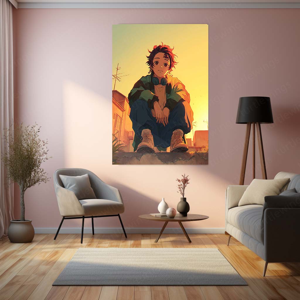 Tanjiro Kamado Metal Frame – Rooftop Golden Hour Scene | Peaceful Demon Slayer Poster | Anime Wall Art for Kimetsu no Yaiba Fans - TURTLEWINGS