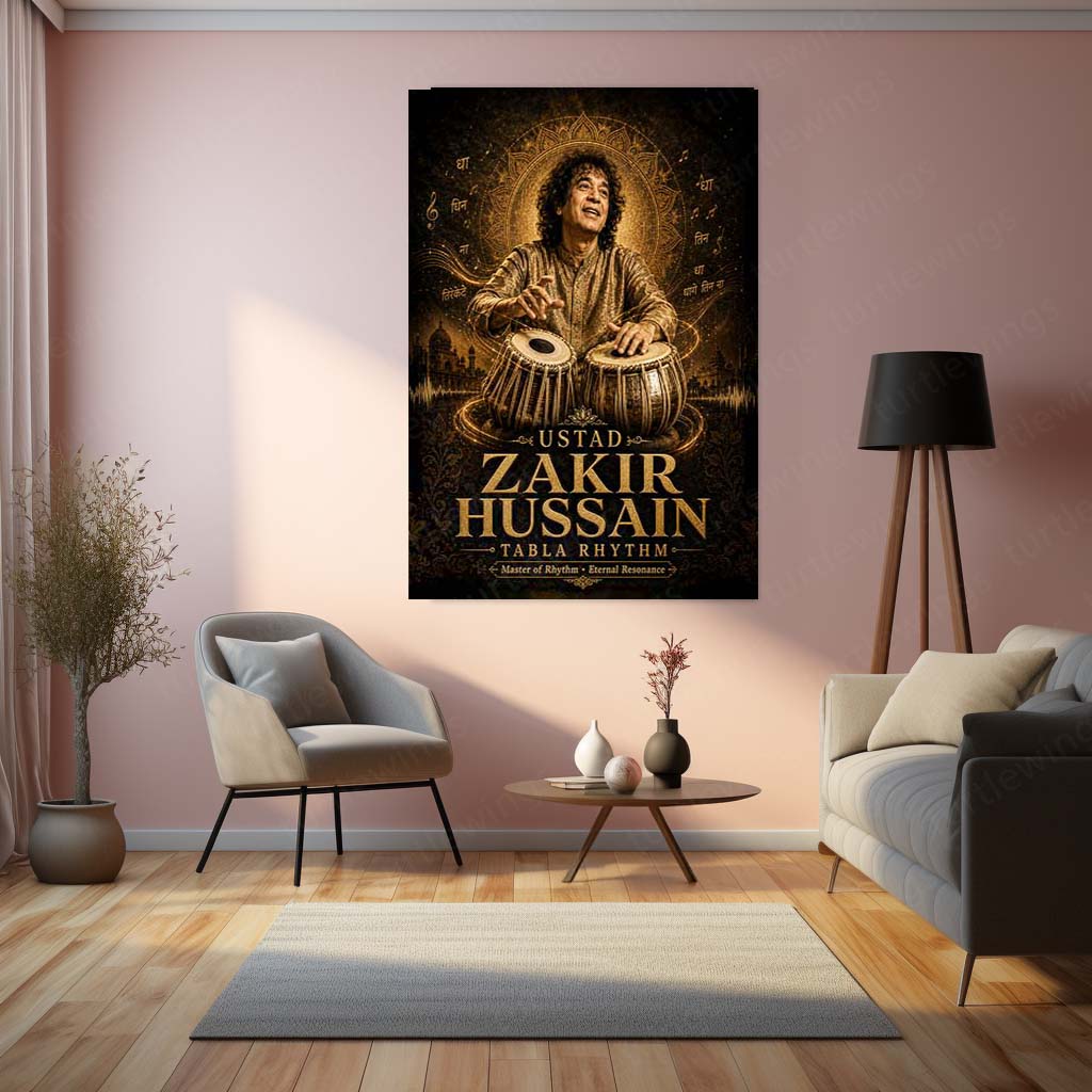Ustad Zakir Hussain – Tabla Rhythm | Indian Classical Music Legend Metal Frame Wall Art by TurtleWings