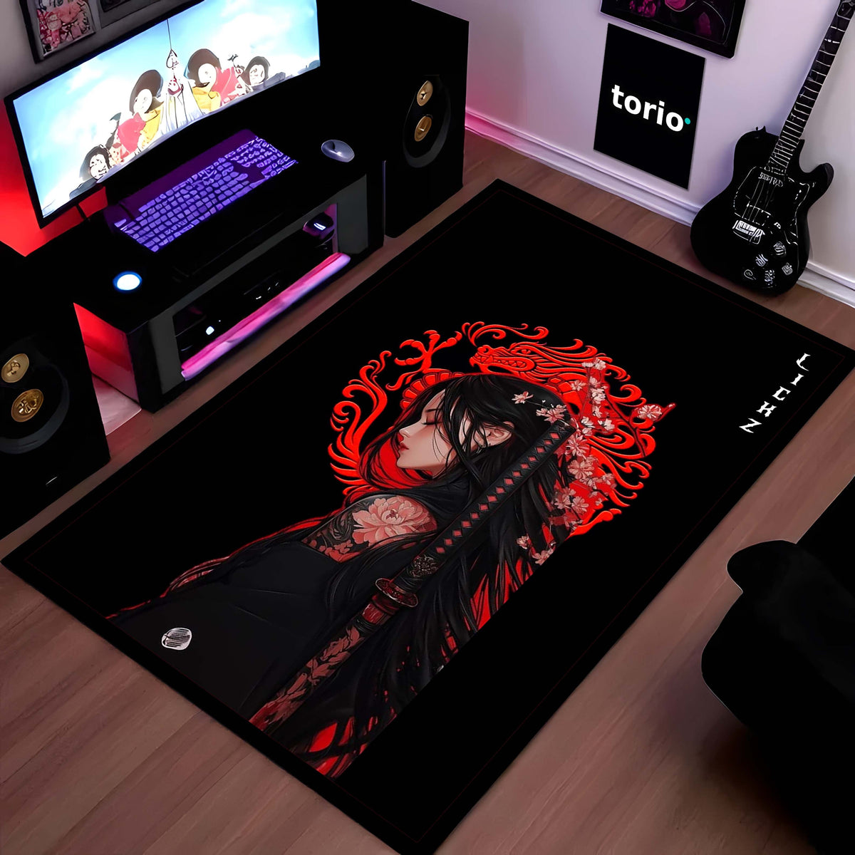 Dark Samurai Girl Area Flat Rug | Japanese Anime Aesthetic Flat Rug | Red Dragon Gothic Gaming Room Flat Rug | Modern Japanese Home Décor