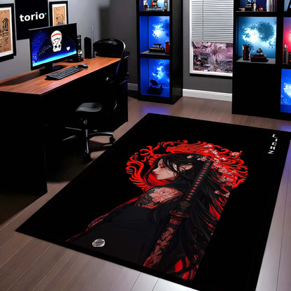 Dark Samurai Girl Area Flat Rug | Japanese Anime Aesthetic Flat Rug | Red Dragon Gothic Gaming Room Flat Rug | Modern Japanese Home Décor