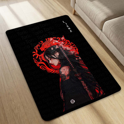 Dark Samurai Girl Area Flat Rug | Japanese Anime Aesthetic Flat Rug | Red Dragon Gothic Gaming Room Flat Rug | Modern Japanese Home Décor