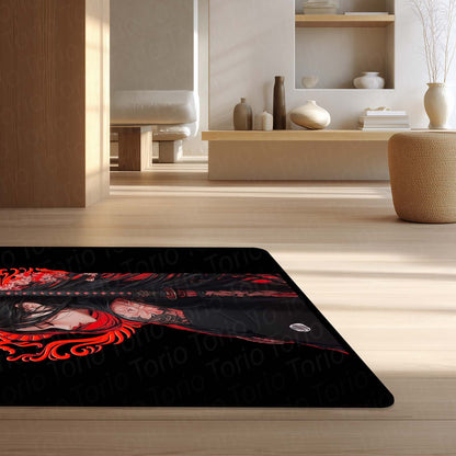 Dark Samurai Girl Area Flat Rug | Japanese Anime Aesthetic Flat Rug | Red Dragon Gothic Gaming Room Flat Rug | Modern Japanese Home Décor