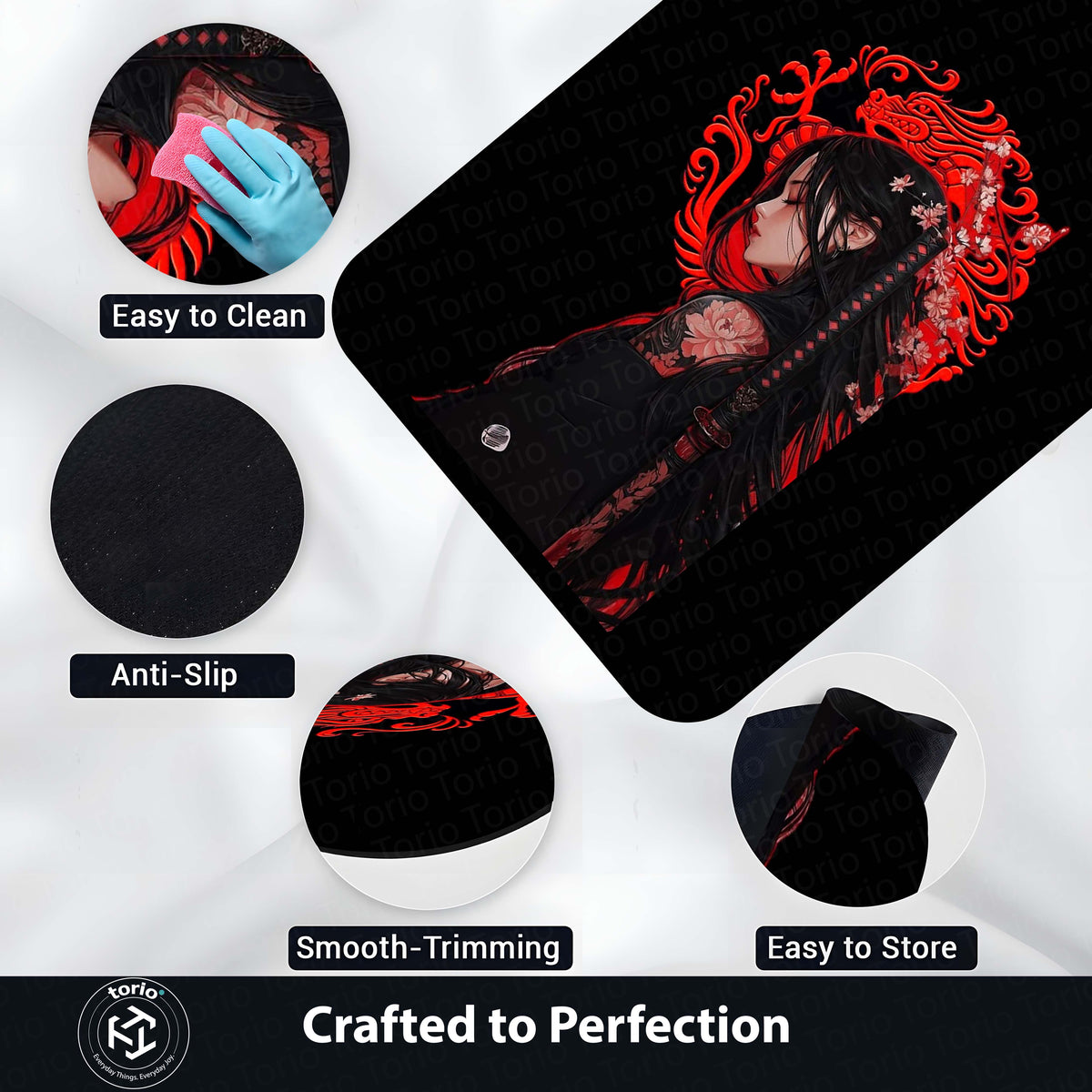 Dark Samurai Girl Area Flat Rug | Japanese Anime Aesthetic Flat Rug | Red Dragon Gothic Gaming Room Flat Rug | Modern Japanese Home Décor