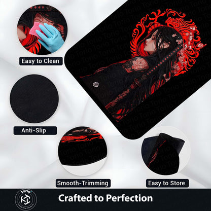Dark Samurai Girl Area Flat Rug | Japanese Anime Aesthetic Flat Rug | Red Dragon Gothic Gaming Room Flat Rug | Modern Japanese Home Décor