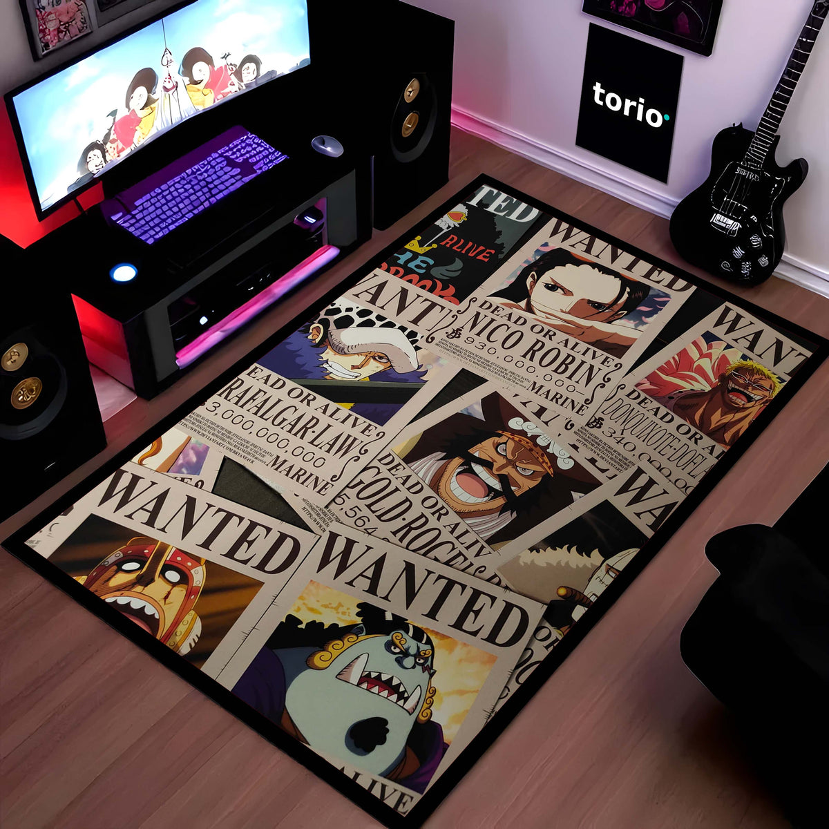 One Piece Wanted Posters Anime Floor Mat | Luffy Zoro Sanji Robin Anime Flat Rug | Anti-Slip 3mm Easy Clean Otaku Floor Mat for Bedroom & Gaming Room