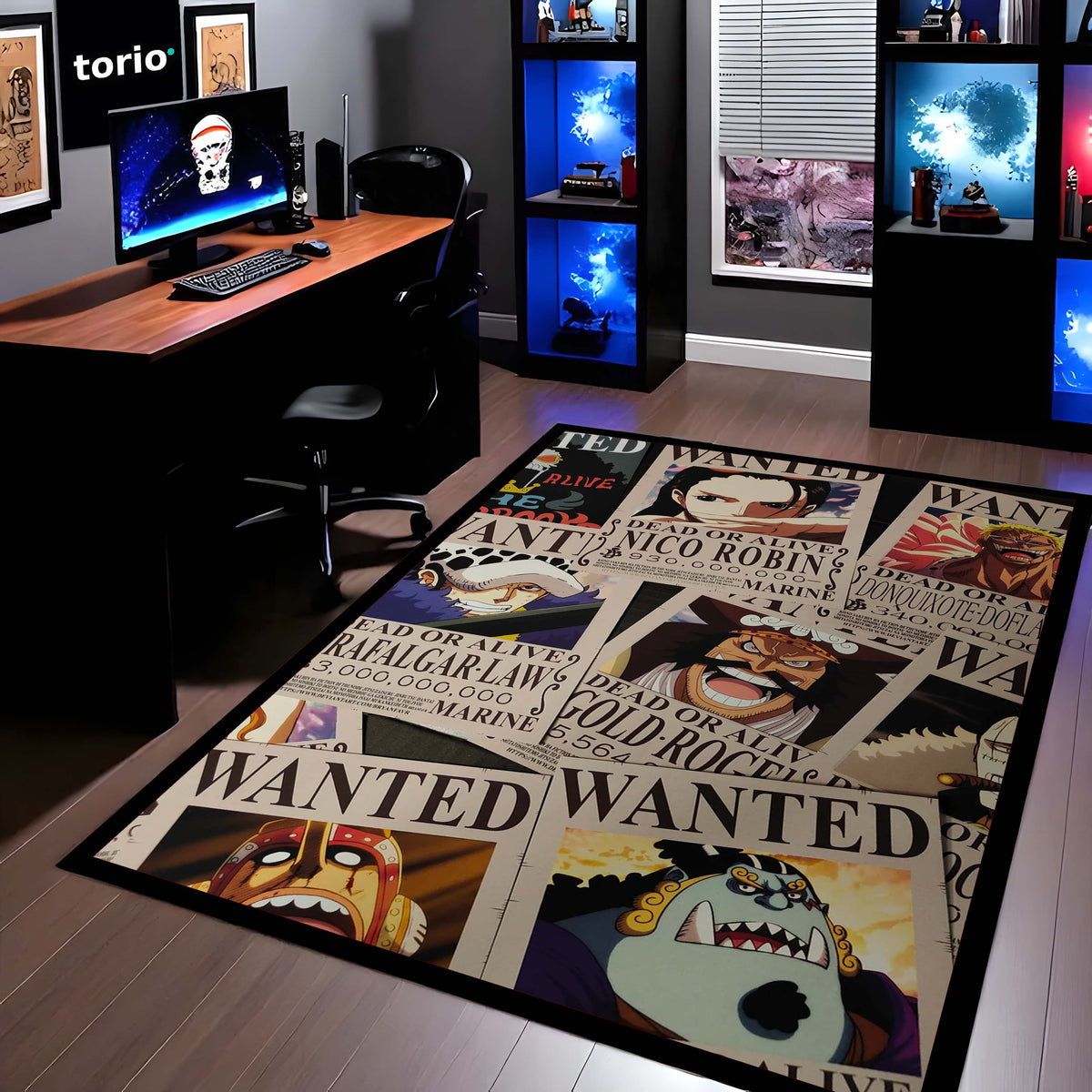 One Piece Wanted Posters Anime Floor Mat | Luffy Zoro Sanji Robin Anime Flat Rug | Anti-Slip 3mm Easy Clean Otaku Floor Mat for Bedroom & Gaming Room