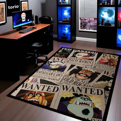 One Piece Wanted Posters Anime Floor Mat | Luffy Zoro Sanji Robin Anime Flat Rug | Anti-Slip 3mm Easy Clean Otaku Floor Mat for Bedroom & Gaming Room