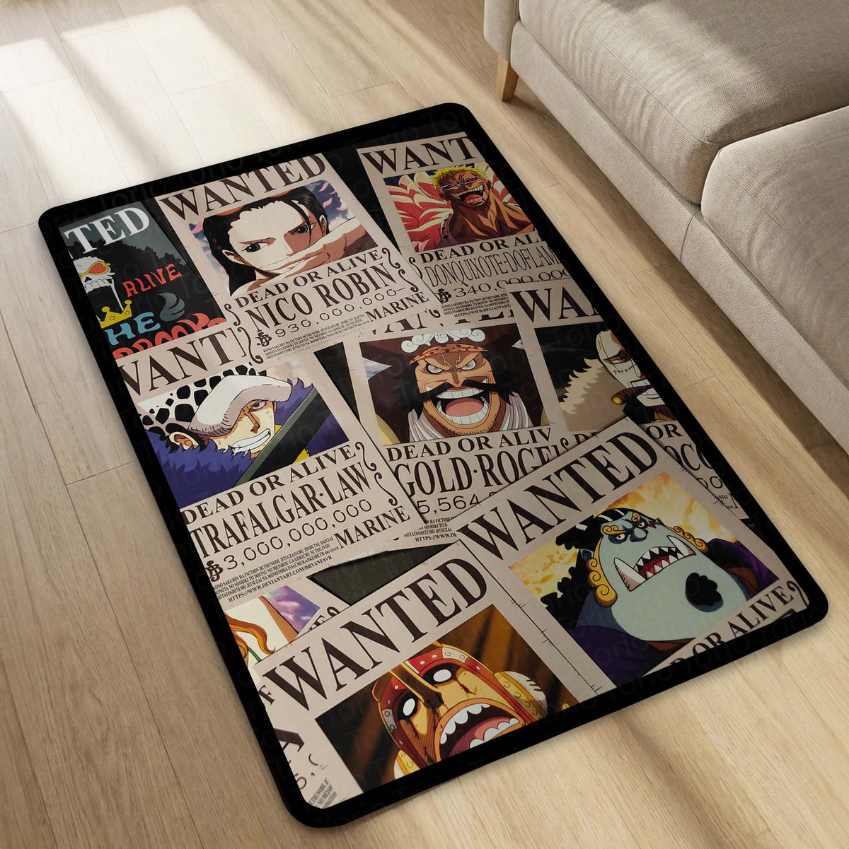 One Piece Wanted Posters Anime Floor Mat | Luffy Zoro Sanji Robin Anime Flat Rug | Anti-Slip 3mm Easy Clean Otaku Floor Mat for Bedroom & Gaming Room