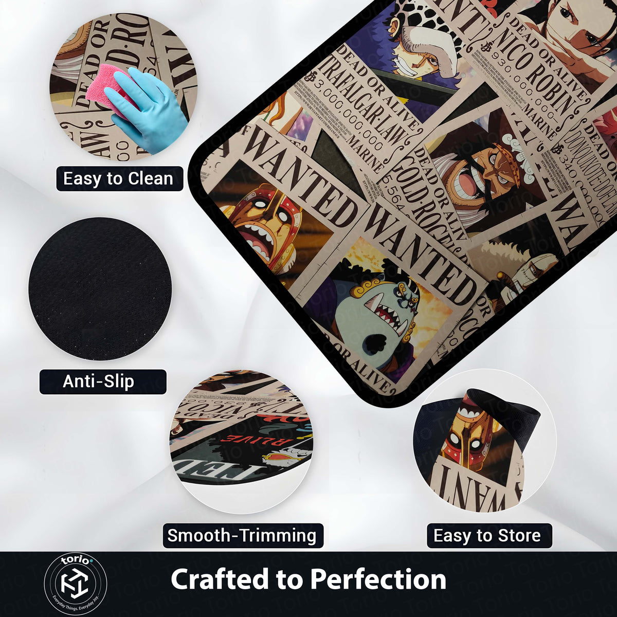 One Piece Wanted Posters Anime Floor Mat | Luffy Zoro Sanji Robin Anime Flat Rug | Anti-Slip 3mm Easy Clean Otaku Floor Mat for Bedroom & Gaming Room