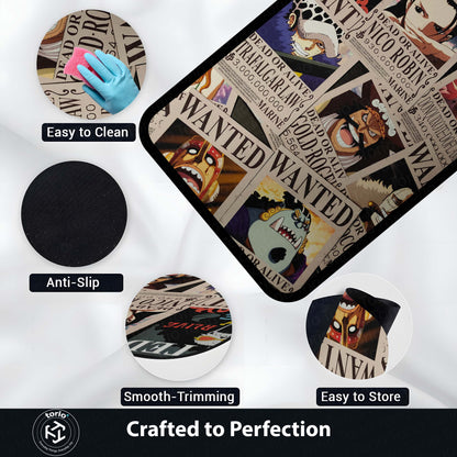 One Piece Wanted Posters Anime Floor Mat | Luffy Zoro Sanji Robin Anime Flat Rug | Anti-Slip 3mm Easy Clean Otaku Floor Mat for Bedroom & Gaming Room