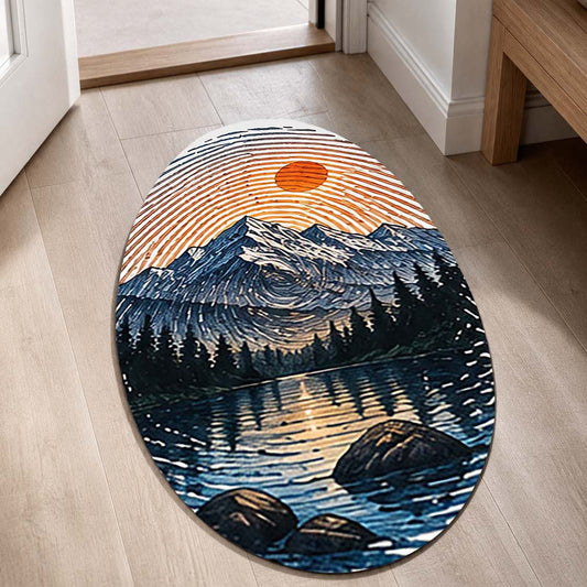 Mountain Lake Fingerprint Shape Flat Rug | Vintage Sunset Landscape Oval Area Flat Rug | Nature Inspired Scenic Floor Mat for Bedroom, Living Room & Cabin Decor