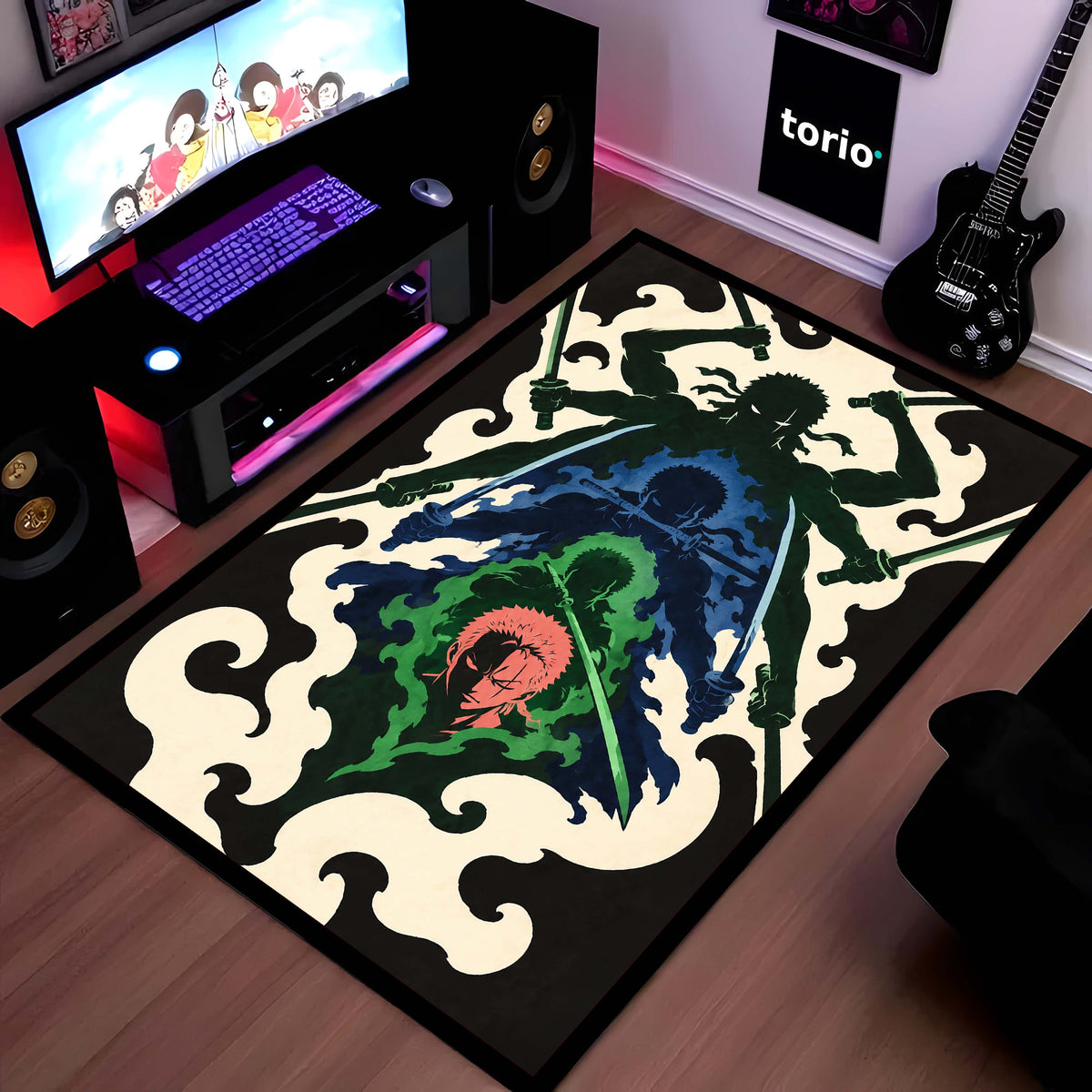 One Piece Roronoa Zoro Area Flat Rug | Three Sword Style Anime Design | Premium Anti-Slip Flat Area Flat Rug