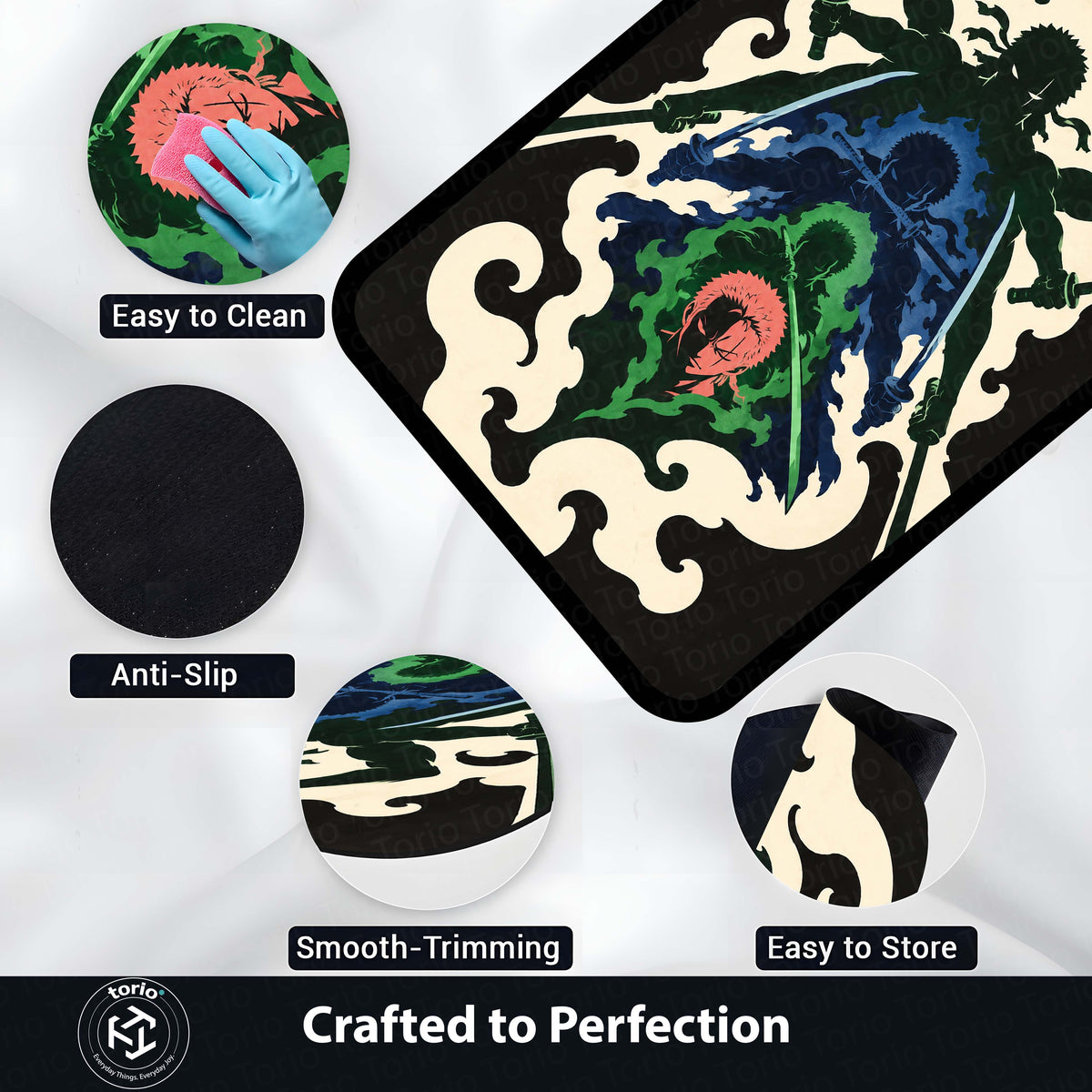 One Piece Roronoa Zoro Area Flat Rug | Three Sword Style Anime Design | Premium Anti-Slip Flat Area Flat Rug