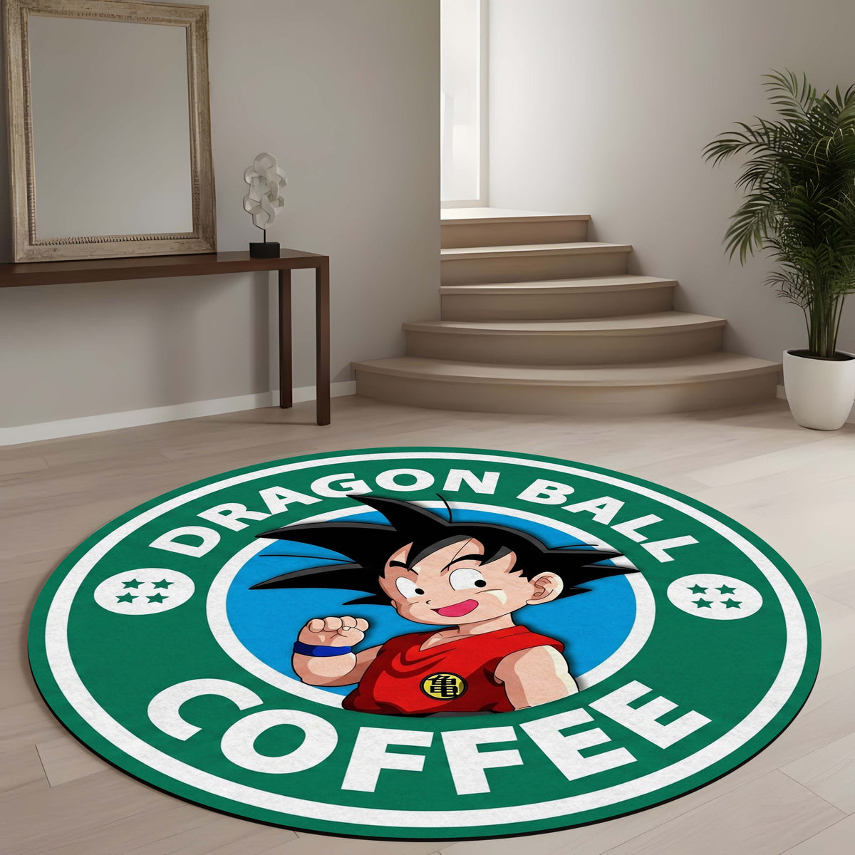 Dragon Ball Coffee Round Area Flat Rug | Cute Kid Goku Circular Floor Mat | Anime Round Flat Rug for Bedroom, Gaming Room, Kids Room & Reading Corner Decor