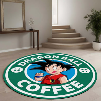 Dragon Ball Coffee Round Area Flat Rug | Cute Kid Goku Circular Floor Mat | Anime Round Flat Rug for Bedroom, Gaming Room, Kids Room & Reading Corner Decor