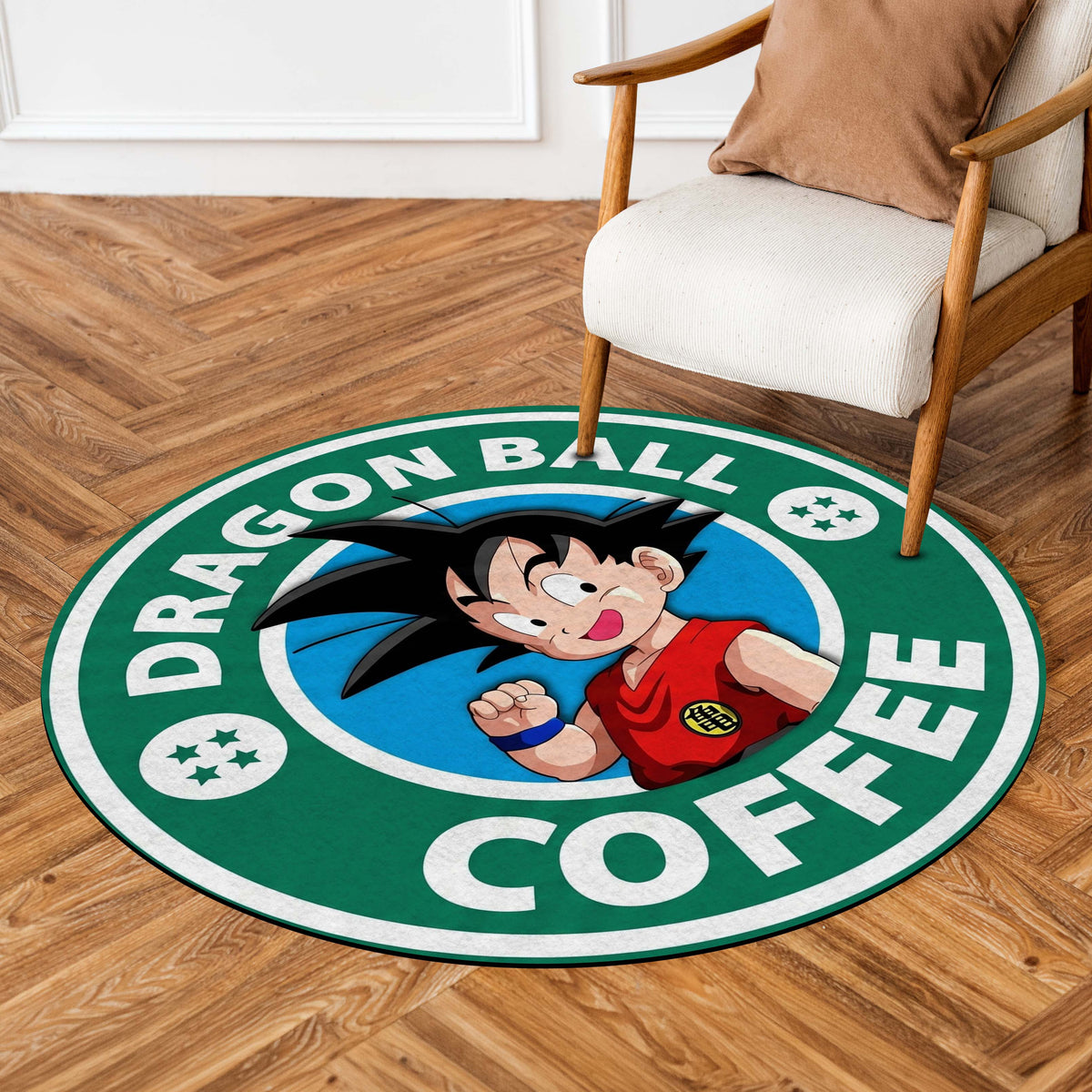 Dragon Ball Coffee Round Area Flat Rug | Cute Kid Goku Circular Floor Mat | Anime Round Flat Rug for Bedroom, Gaming Room, Kids Room & Reading Corner Decor