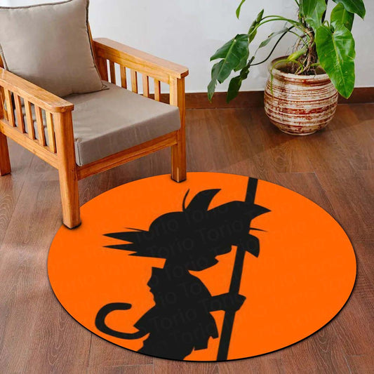 Son Goku Anime Circular Floor Mat (3 mm Thick) | Dragon Ball Goku Silhouette Round Flat Rug with Power Staff Design for Gaming Room, Bedroom & Anime Decor | TORIO