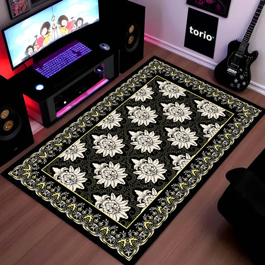 Black Floral Traditional Pattern Floor Mat (3 mm Thick) | Elegant Vintage Style Area Flat Rug for Living Room, Bedroom & Home Decor