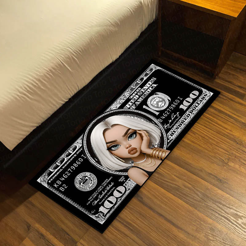 Decorative rug with a stylized face design on a wooden floor.
