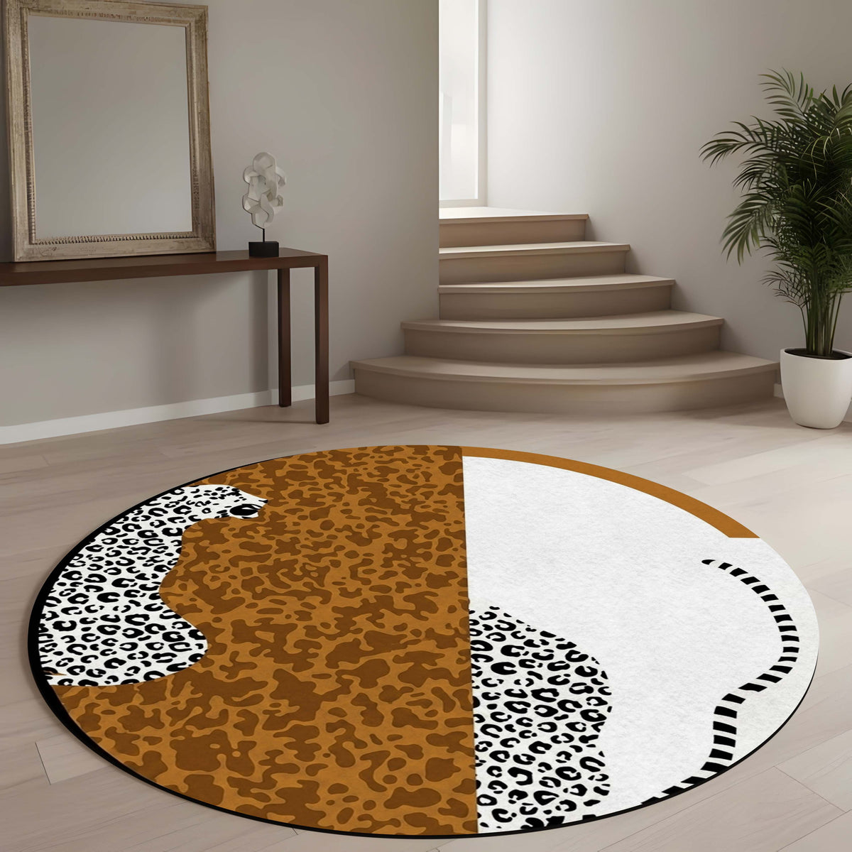 Abstract Leopard Round Area Flat Rug | Modern Animal Print Circular Floor Mat | Brown & Ivory Safari Accent Carpet for Living Room, Bedroom, Reading Corner & Contemporary Home Decor