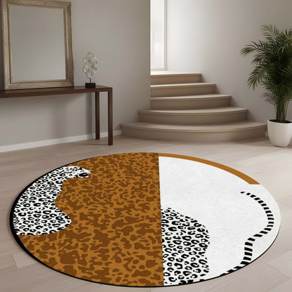 Abstract Leopard Round Area Flat Rug | Modern Animal Print Circular Floor Mat | Brown & Ivory Safari Accent Carpet for Living Room, Bedroom, Reading Corner & Contemporary Home Decor