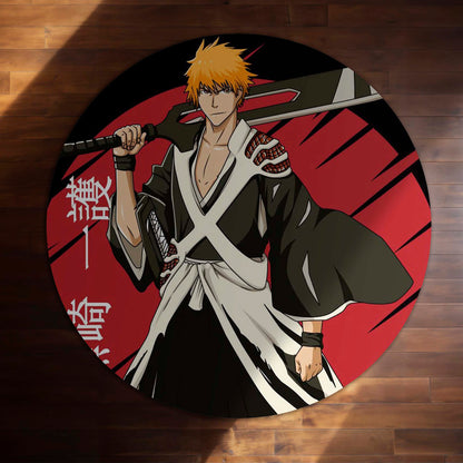 Ichigo Kurosaki Bleach Circular Floor Mat (3 mm Thick) | Anti-Slip Printed Round Anime Flat Rug for Bedroom, Gaming Room & Otaku Decor | TORIO