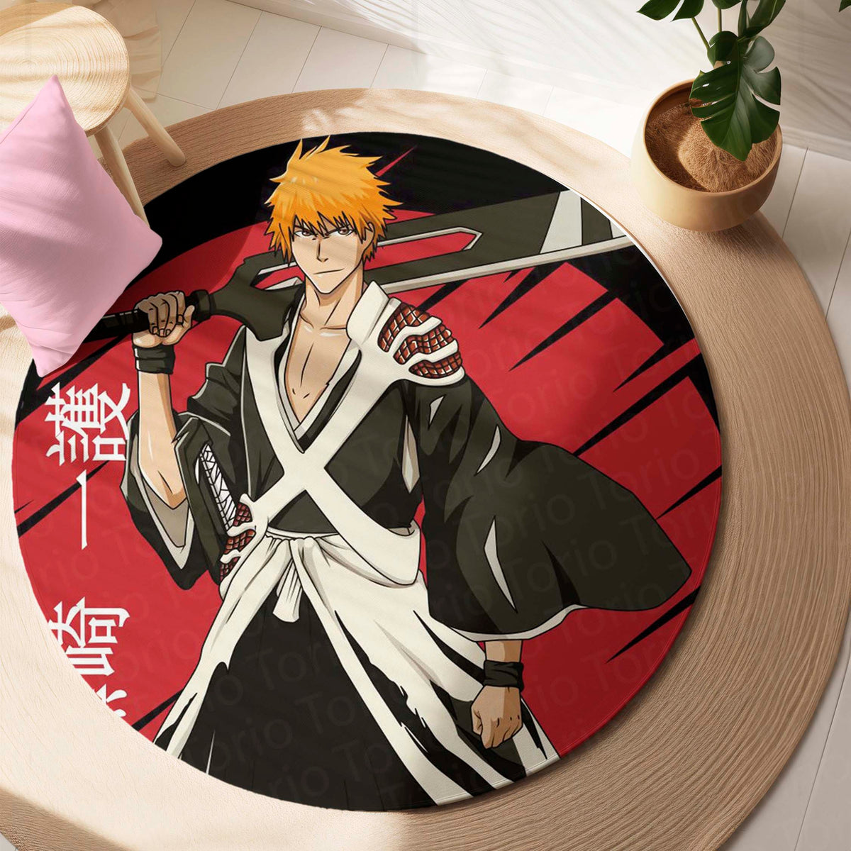 Ichigo Kurosaki Bleach Circular Floor Mat (3 mm Thick) | Anti-Slip Printed Round Anime Flat Rug for Bedroom, Gaming Room & Otaku Decor | TORIO