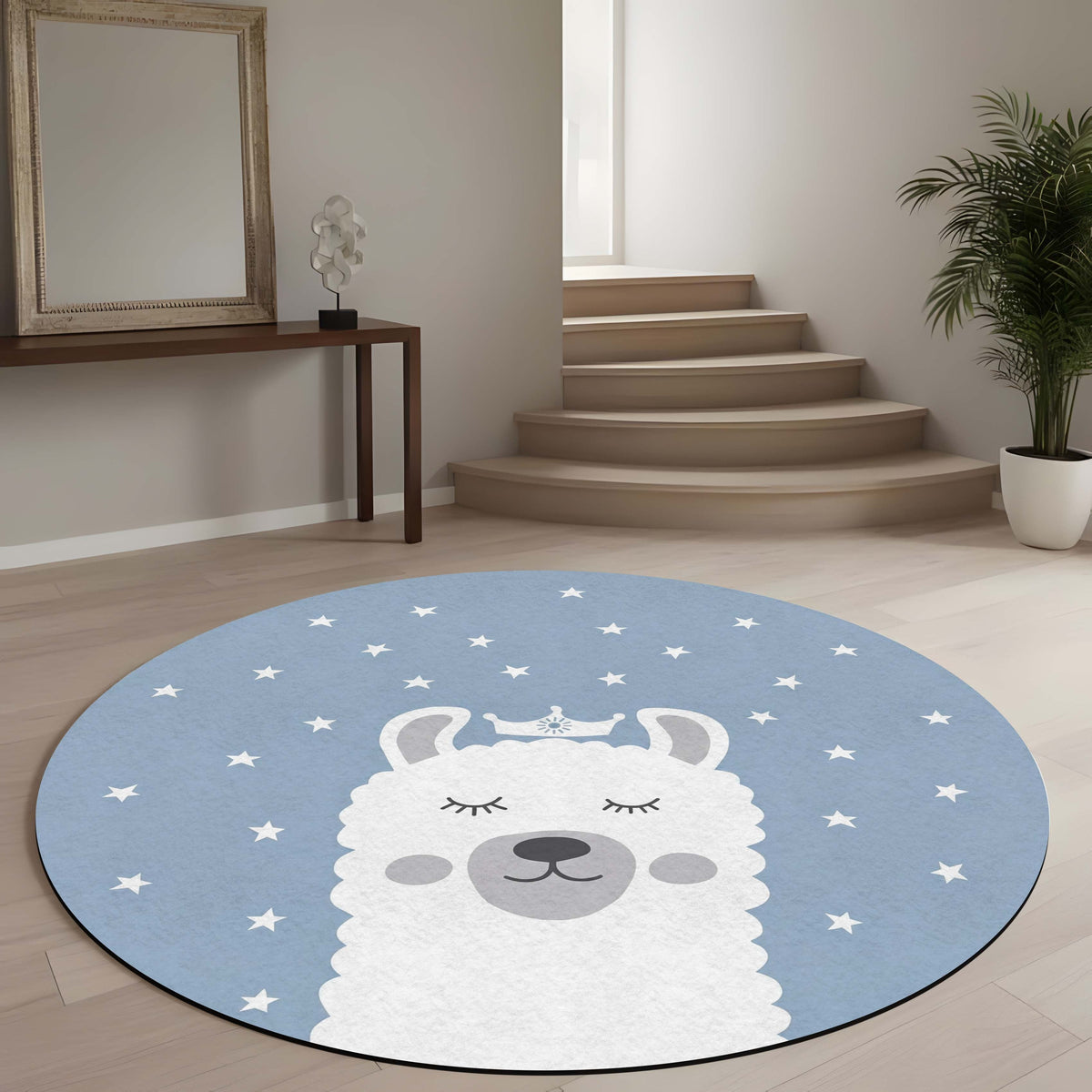 Cute Llama Round Area Flat Rug | Kawaii Alpaca Floor Mat | Cartoon Animal Circular Flat Rug for Kids Room, Nursery, Bedroom & Modern Home Decor