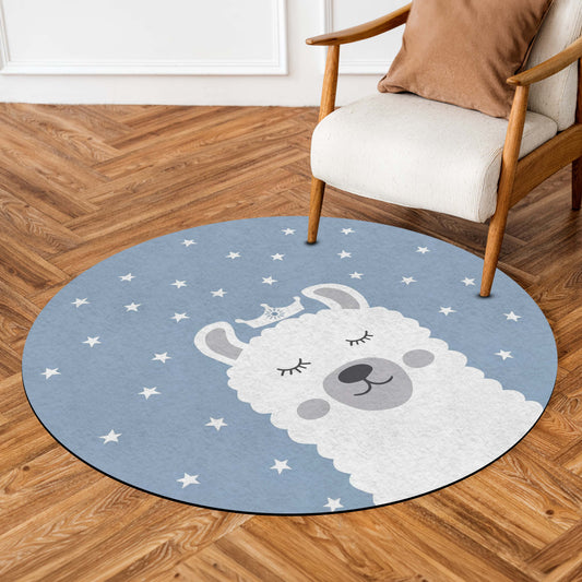 Cute Llama Round Area Flat Rug | Kawaii Alpaca Floor Mat | Cartoon Animal Circular Flat Rug for Kids Room, Nursery, Bedroom & Modern Home Decor