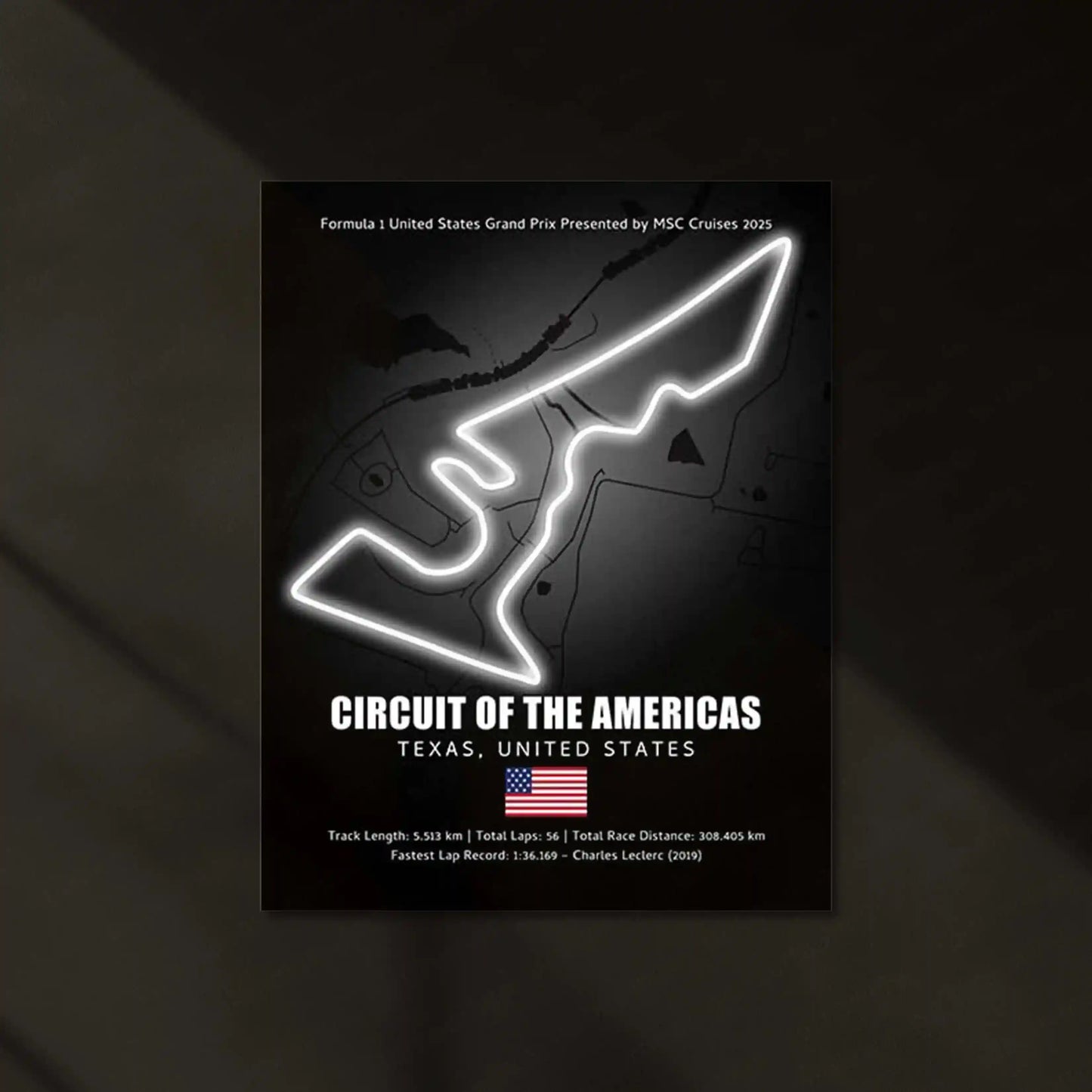 LED | 🇺🇸 Circuit of the Americas Neon LED Metal Poster – Glowing USA F1 Track Wall Art (COTA) - TURTLEWINGS
