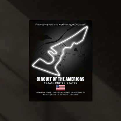 LED | 🇺🇸 Circuit of the Americas Neon LED Metal Poster – Glowing USA F1 Track Wall Art (COTA) - TURTLEWINGS