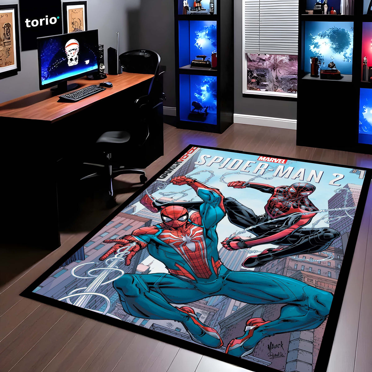 Marvel Spider-Man & Miles Morales Floor Mat | Peter Parker vs Miles Morales Comic Art Flat Rug | Anti-Slip 3mm Absorbent Superhero Floor Mat for Gaming Room & Bedroom