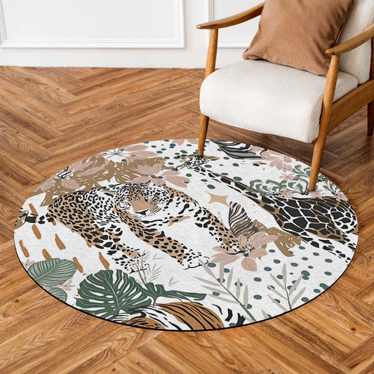 Safari Animal Round Area Flat Rug | Leopard & Giraffe Wildlife Floor Mat | Jungle Botanical Round Flat Rug for Living Room, Kids Room, Nursery & Nature Inspired Home Decor