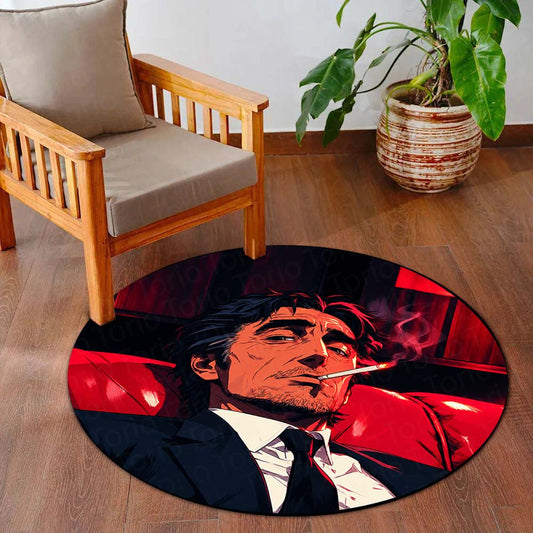 Smoking Gentleman Red & Black Rounded Flat Rug | Vintage Mafia Style Round Flat Rug | Premium Anti-Slip Flat Rug