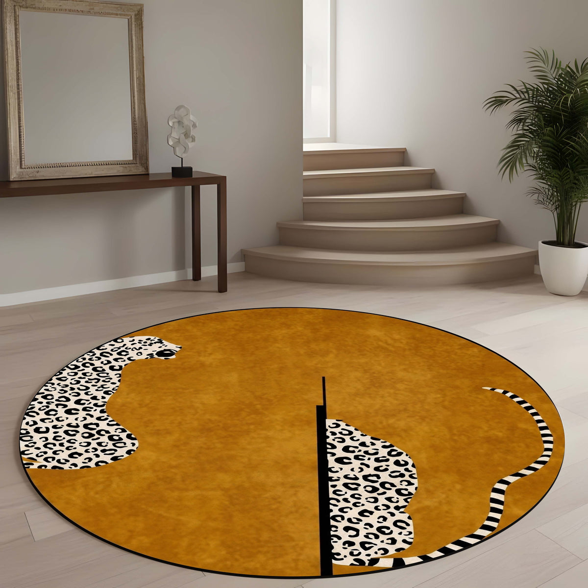 Luxury Leopard Round Area Flat Rug | Modern Safari Animal Print Floor Mat | Abstract Cheetah Round Flat Rug for Living Room, Bedroom, Reading Corner & Contemporary Home Decor